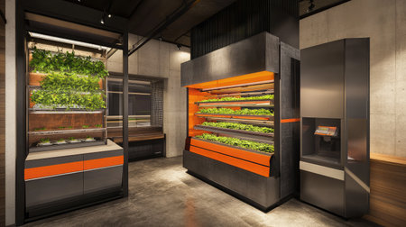 A vertical farming setup with LED lighting, growing leafy greens in a controlled indoor environment.の素材