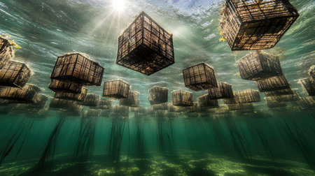 Close-up of oyster baskets suspended in clear coastal waters, showcasing the cultivation process.の素材