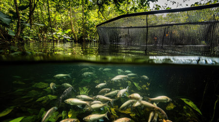 Close-up of a submerged net cage in a freshwater lake, teeming with tilapia swimming gracefully.の素材