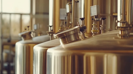 Close-up of stainless steel milk storage tanks in a clean, sterile dairy processing facility.の素材