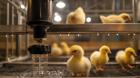 Close-up of a waterer and feeder setup in a poultry brooder, designed for raising healthy chicks.の素材