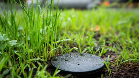 Close-up of a soil moisture sensor embedded in the ground, aiding in efficient water management practices.の素材