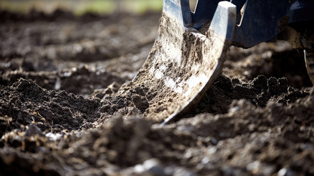 Close-up of a plow blade slicing through rich, dark soil, turning over fresh earth in neat rows.の素材