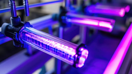 Close-up of a UV sterilization unit in a water treatment system for aquaculture.の素材