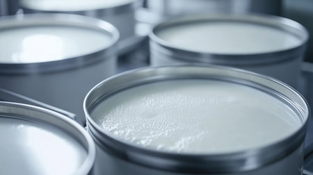 Close-up of stainless steel milk storage tanks in a clean, sterile dairy processing facility.の素材