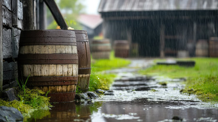 Detailed shot of a rainwater harvesting system with barrels collecting runoff from a barn roof for agricultural use.の素材