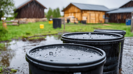 Detailed shot of a rainwater harvesting system with barrels collecting runoff from a barn roof for agricultural use.の素材