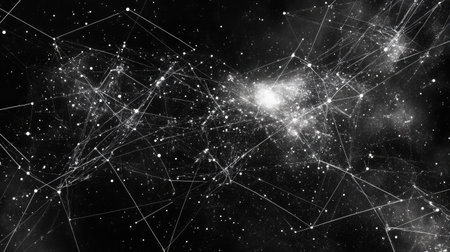 Abstract digital network with interconnected nodes and lines, representing IoT data exchange.の素材