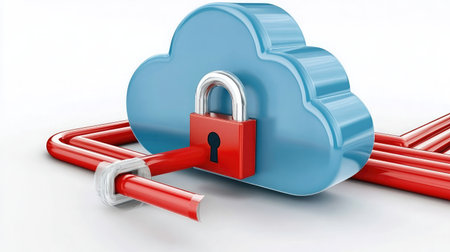 Abstract representation of a secure cloud with encrypted data streams flowing to and from it.の素材