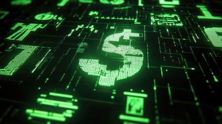 Abstract representation of AI-driven financial markets with digital graphs, charts, and currency symbols.の素材