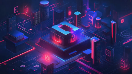 Abstract representation of AI in cybersecurity with digital locks, shields, and data streams.の素材