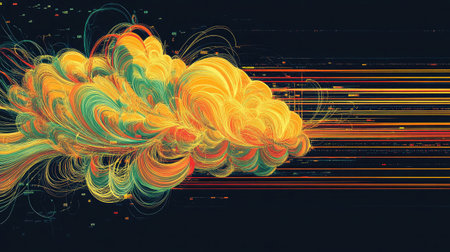 Abstract representation of a secure cloud with encrypted data streams flowing to and from it.の素材