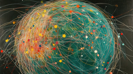 Abstract data sphere with swirling lines and nodes, representing AI's role in global communication networks.の素材