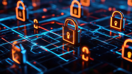 Abstract representation of a secure server room with glowing locks on each server unit.の素材