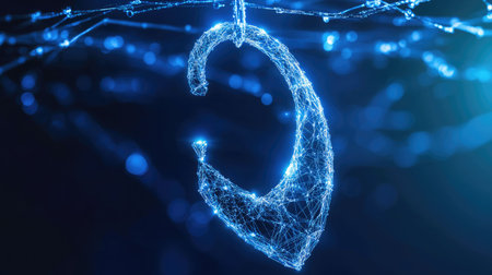 Abstract representation of a phishing hook being deflected by a security barrier.の素材