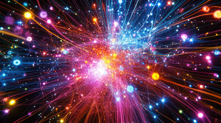 Abstract visualization of AI algorithms with dynamic lines and particles forming complex patterns.の素材