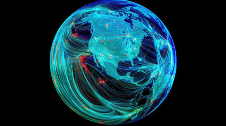 Abstract data sphere with swirling lines and nodes, representing AI's role in global communication networks.の素材