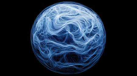 Abstract data sphere with swirling lines and nodes, representing AI's role in global communication networks.の素材