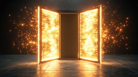 Abstract representation of a firewall with glowing barriers blocking malicious data packets.の素材