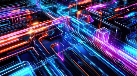 Abstract representation of a connected ecosystem with various devices linked by glowing lines.の素材