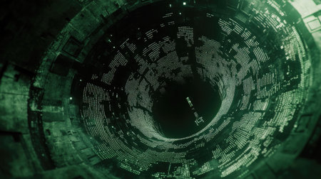 Abstract digital shield composed of binary code, representing defense mechanisms against cyber threats.の素材