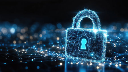 Abstract representation of a secure email with encrypted contents and a padlock icon.の素材