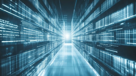 Abstract representation of AI in education with digital books, floating equations, and virtual classrooms.の素材