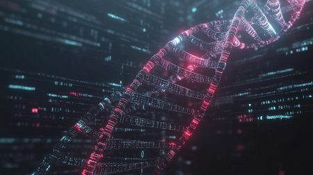 Abstract visualization of AI in healthcare with digital DNA strands, molecular structures, and data overlays.の素材