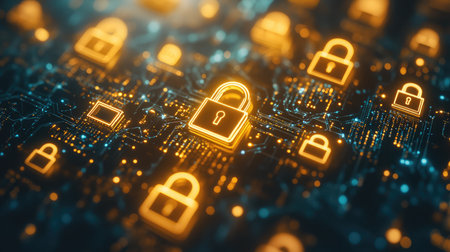 Abstract representation of a secure server room with glowing locks on each server unit.の素材