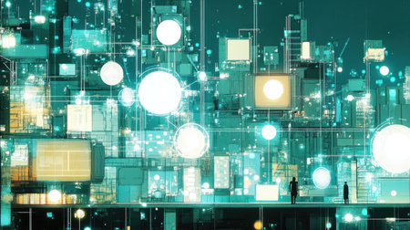 Abstract representation of a connected ecosystem with various devices linked by glowing lines.の素材