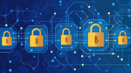 Abstract representation of a secure blockchain with interconnected encrypted blocks.の素材