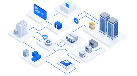 Abstract visualization of data streams flowing between various IoT devices and cloud servers.の素材