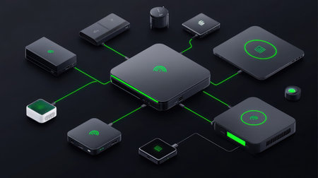 Abstract visualization of a secure IoT network with encrypted connections between devices.の素材