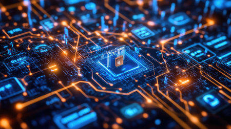 Abstract visualization of a secure VPN tunnel with encrypted data passing through it.の素材