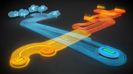 Abstract visualization of data streams flowing between various IoT devices and cloud servers.の素材