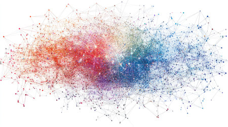 Abstract visualization of machine learning algorithms with interconnected nodes and dynamic data flows.の素材