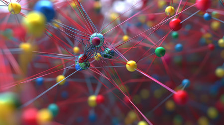 Abstract visualization of machine learning algorithms with interconnected nodes and dynamic data flows.の素材