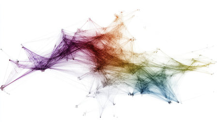 Abstract visualization of machine learning algorithms with interconnected nodes and dynamic data flows.の素材