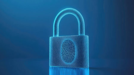 A digital padlock with a biometric fingerprint overlay, symbolizing multi-factor authentication.の素材