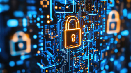 Close-up of a computer motherboard with highlighted security chip, emphasizing hardware-based cybersecurity.の素材