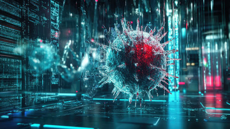 Abstract visualization of a virus being quarantined within a digital environment, illustrating malware protection.の素材