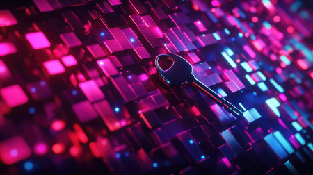 A digital key hovering over a matrix of encrypted data, symbolizing decryption processes.の素材