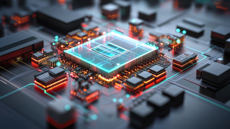 Abstract visualization of a secure IoT network with encrypted connections between devices.の素材