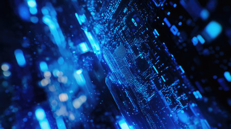 Close-up of a computer chip with embedded AI circuits, glowing with blue light, representing advanced technology.の素材