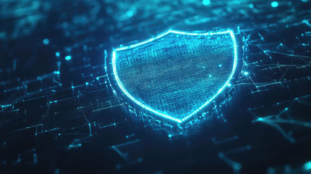 A digital fingerprint forming a shield, symbolizing identity protection in cybersecurity.の素材