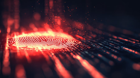 A digital padlock with a biometric fingerprint overlay, symbolizing multi-factor authentication.の素材