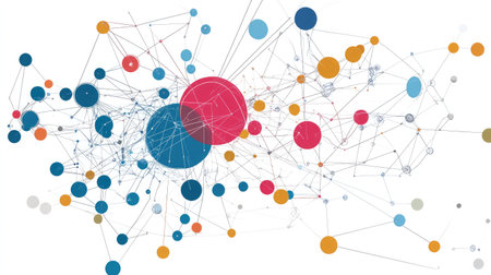 Abstract visualization of machine learning algorithms with interconnected nodes and dynamic data flows.の素材