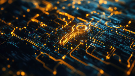 A digital key hovering over a matrix of encrypted data, symbolizing decryption processes.の素材