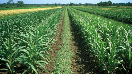 Aerial view of a farm practicing intercropping with tall and short crops planted together for mutual benefit.の素材