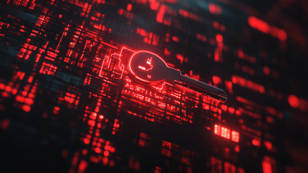 A digital key hovering over a matrix of encrypted data, symbolizing decryption processes.の素材